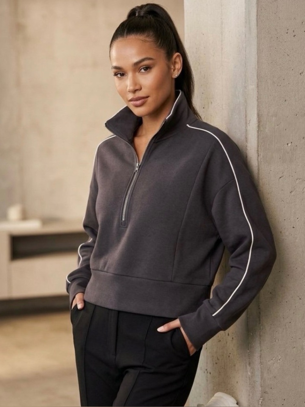 Quarter-Zip Pullover Sweatshirt in Charcoal with White Piping